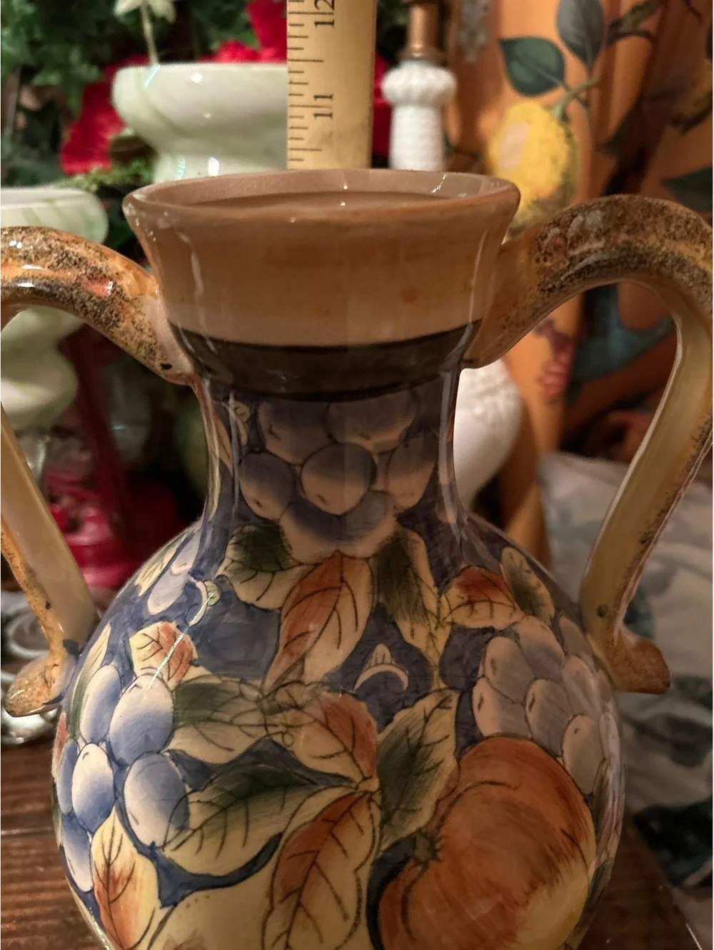 Vintage Hand-Painted Ceramic Vase with Fruit Motif and Dual Handles